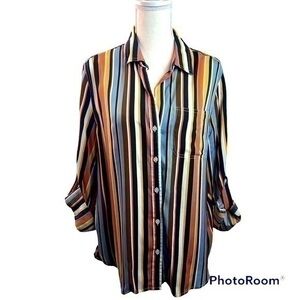 Velvet Heart Striped roll sleeve blouse High-Lo hem Size M